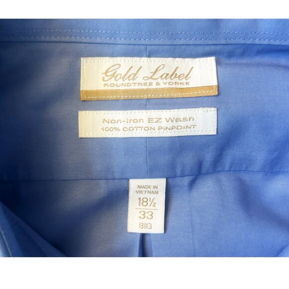 Roundtree & Yorke Gold Label Blue Button Down Mens Size 18.5/33 Big - Picture 2 of 6